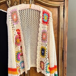 Colorful Crochet Open-Front Sweater